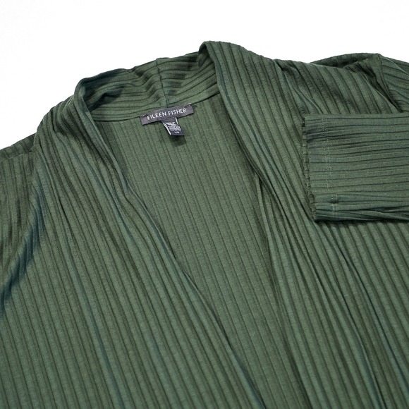 Eileen Fisher Sweaters - EILEEN FISHER Women's Size L Green Ribbed Knit Open Front Cardigan Sweater USA